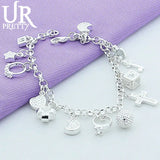 925 Sterling Silver Star Cross Ring Love Heart Chain Bracelet