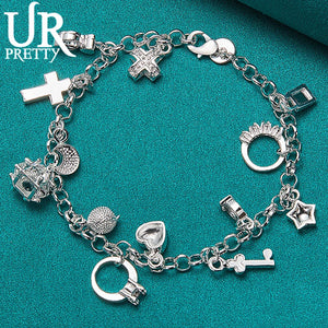 925 Silver Star Cross Ring Love Heart Chain Bracelet for Women
