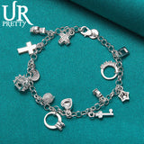 925 Sterling Silver Star Cross Ring Love Heart Chain Bracelet