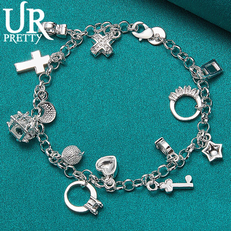 925 Silver Star Cross Ring Love Heart Chain Bracelet for Women