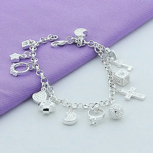 925 Sterling Silver Star Cross Ring Love Heart Chain Bracelet