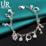 925 Silver Star Cross Ring Love Heart Chain Bracelet for Women