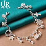925 Silver Star Cross Ring Love Heart Chain Bracelet for Women