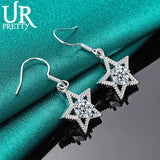 925 Silver Star Zircon Drop Earrings Wedding Engagement Party Jewelry