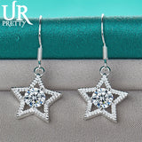 925 Silver Star Zircon Drop Earrings Wedding Engagement Party Jewelry