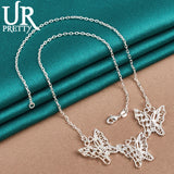 925 Silver Three Butterflies Chain Necklace 18 Inches Woman Charm Jewelry