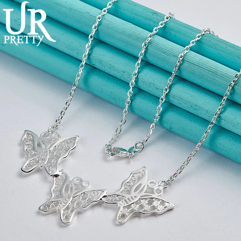 925 Silver Three Butterflies Chain Necklace 18 Inches Woman Charm Jewelry