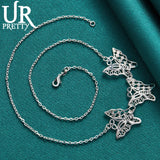 925 Silver Three Butterflies Chain Necklace 18 Inches Woman Charm Jewelry