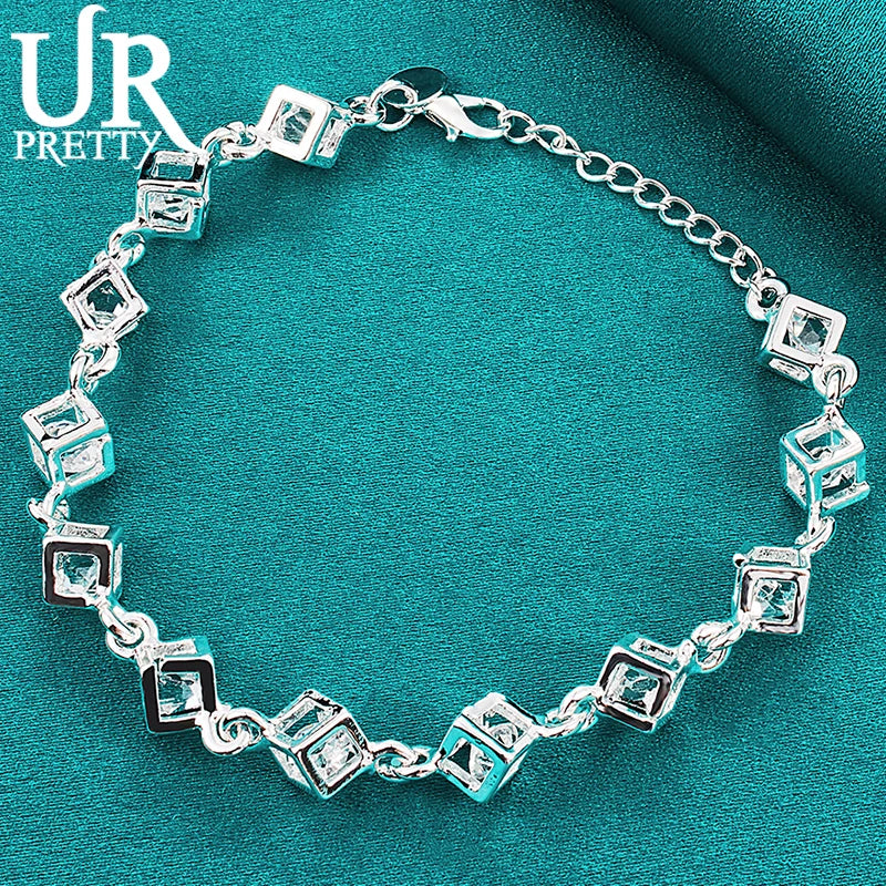 925 Silver 3D Zircon Chain Bracelet Wedding Party Jewelry