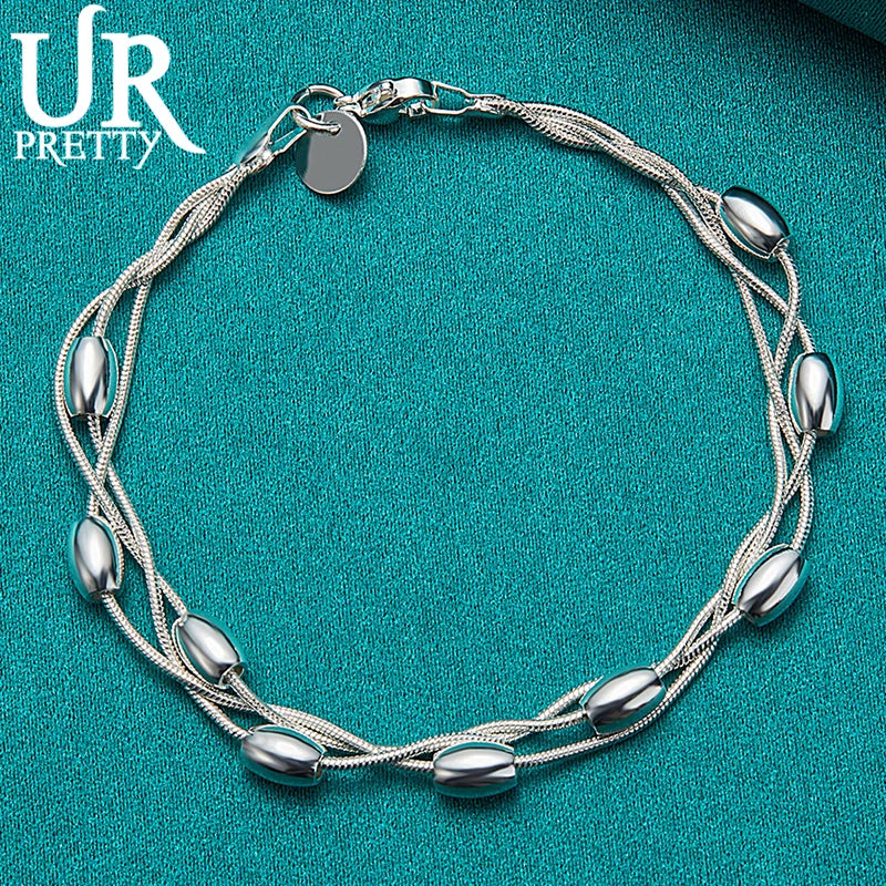 925 Silver 3 Snake Chain Beads Bracelet Wedding Charm Jewelry