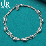 925 Silver 3 Snake Chain Beads Bracelet Wedding Charm Jewelry