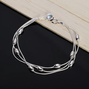 925 Silver Three Snake Chain Beads Bracelet Wedding Charm Jewelry
