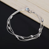 925 Silver Three Snake Chain Beads Bracelet Wedding Charm Jewelry