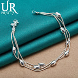 925 Silver 3 Snake Chain Beads Bracelet Wedding Charm Jewelry