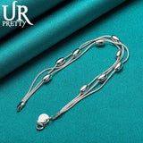 925 Silver 3 Snake Chain Beads Bracelet Wedding Charm Jewelry