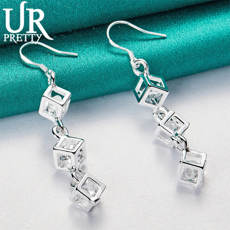 925 Silver Three Square Drop Earring Wedding Party Jewelry