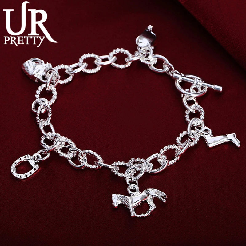 925 Silver Western Cowboy Chain Bracelet Charm Wedding Jewelry