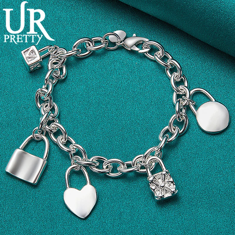 925 Sterling Silver Heart Lock Chain Bracelet Wedding Charm Jewelry