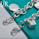 925 Sterling Silver Heart Lock Chain Bracelet Wedding Charm Jewelry