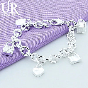 925 Sterling Silves Round Lock Heart Chain Bracelet Wedding Charm
