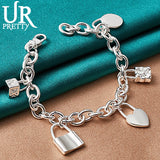 925 Sterling Silver Heart Lock Chain Bracelet Wedding Charm Jewelry