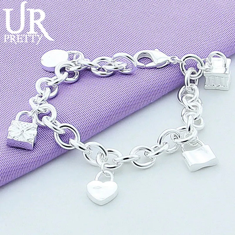 925 Sterling Silves Round Lock Heart Chain Bracelet Wedding Charm