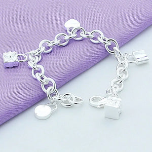 925 Sterling Silves Round Lock Heart Chain Bracelet Wedding Charm