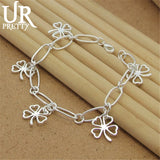925 Silver 4 Leaf Clover Paper Clip Bracelet Men Women