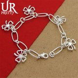 925 Silver 4 Leaf Clover Paper Clip Bracelet Men Women