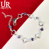 925 Silver Heart Purple Crystal Zircon Bracelet Engagement Gift