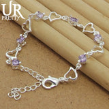 925 Silver Heart Purple Crystal Zircon Bracelet Engagement Gift