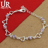 925 Silver Heart Purple Crystal Zircon Bracelet Engagement Gift