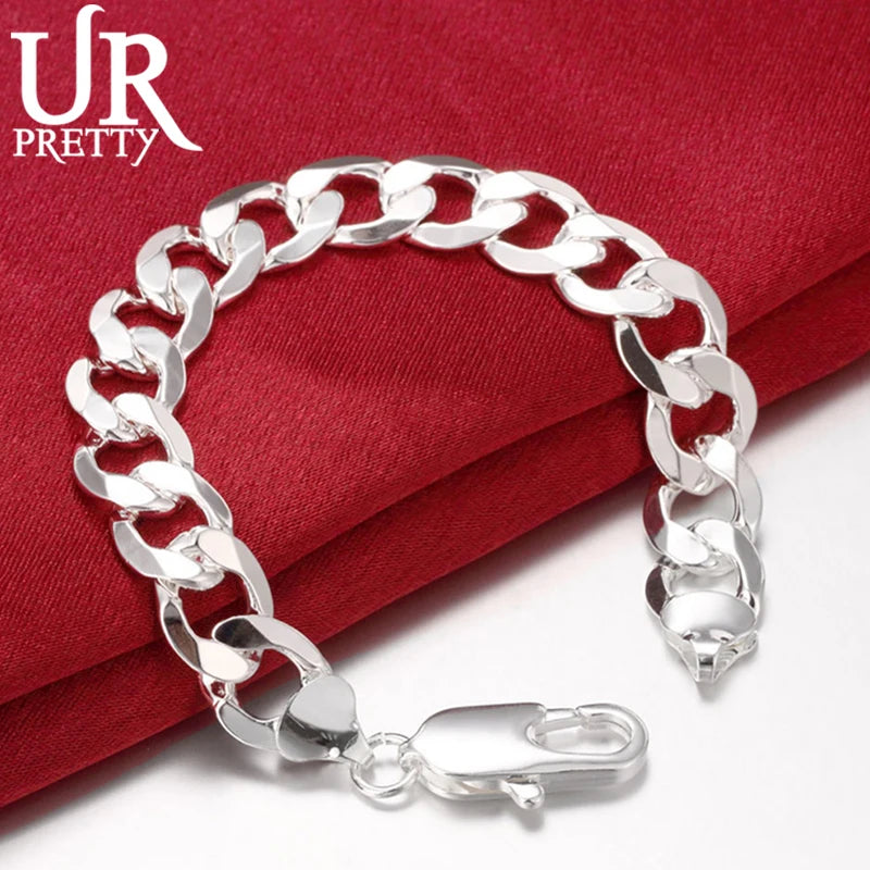 925 Silver 12mm Buckle Chain Bracelet Wedding Engagement Party Charm