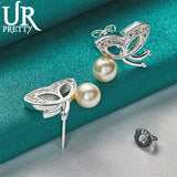 925 Silver Butterfly Pearl Stud Earring Women Wedding Engagement