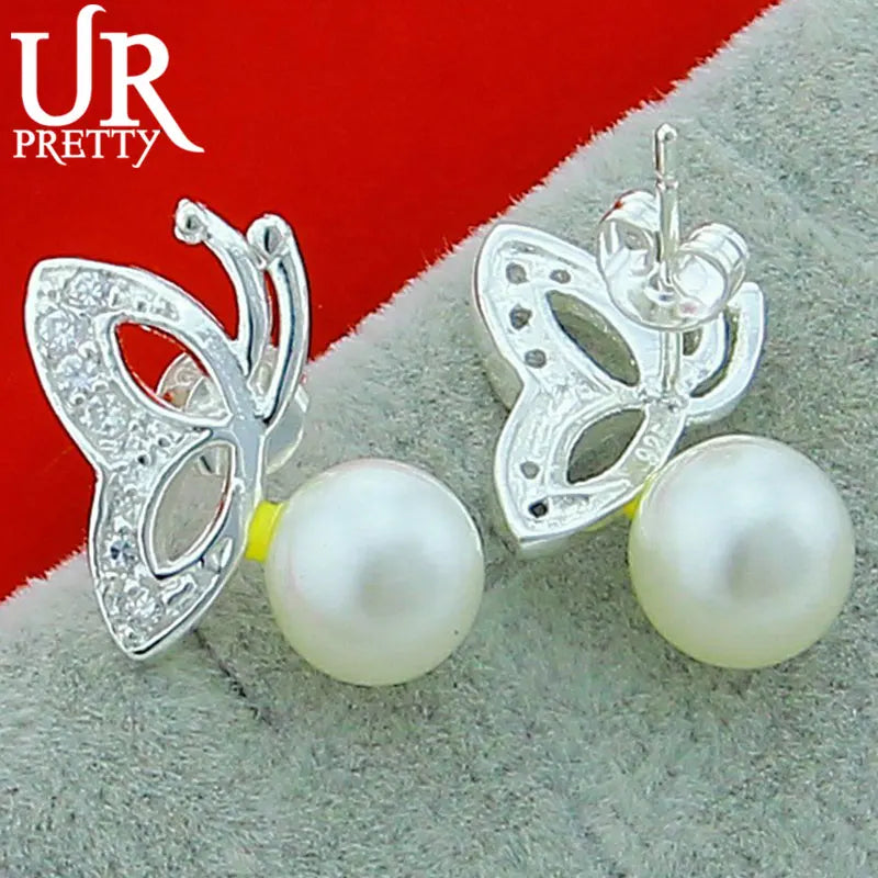 925 Silver Butterfly Pearl Stud Earring Women Wedding Engagement