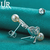 925 Silver Butterfly Pearl Stud Earring Women Wedding Engagement