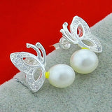 925 Silver Butterfly Pearl Stud Earring Women Wedding Engagement