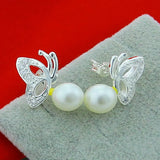 925 Silver Butterfly Pearl Stud Earring Women Wedding Engagement