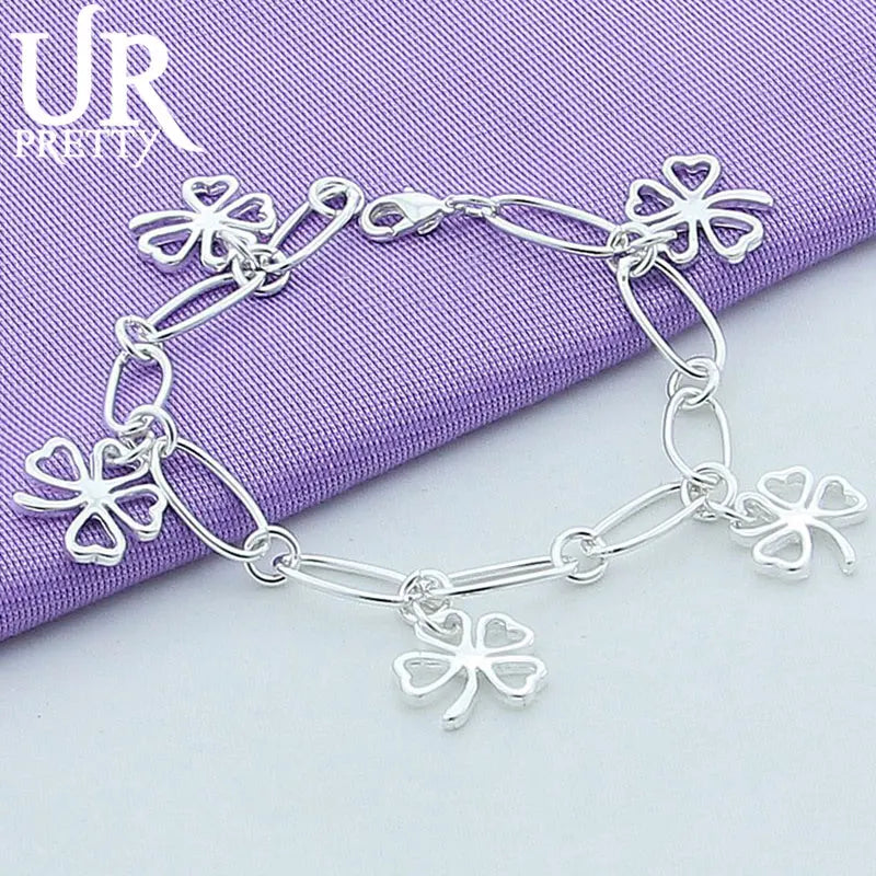 925 Sterling Silver Four Clover Chain Bracelet Women Wedding Charm Jewelry