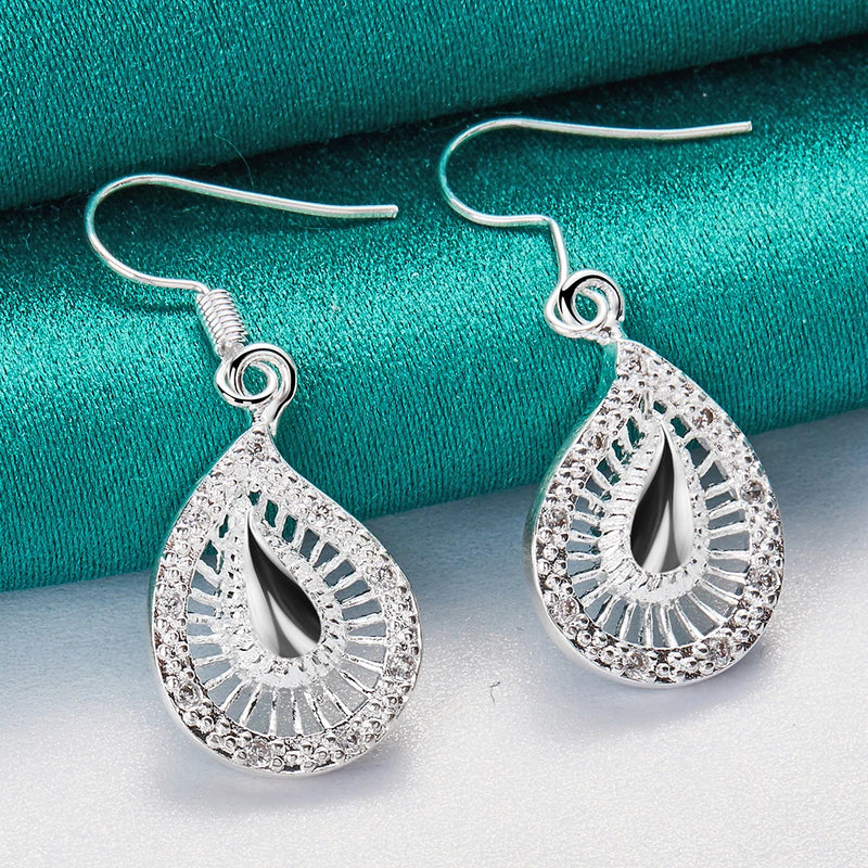 925 Silver Hollow Water Drops Drop Earring Women Wedding Jewelry