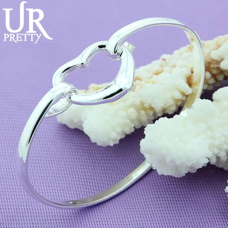 925 Silver Heart Bangle Bracelet Women Party Charm Jewelry