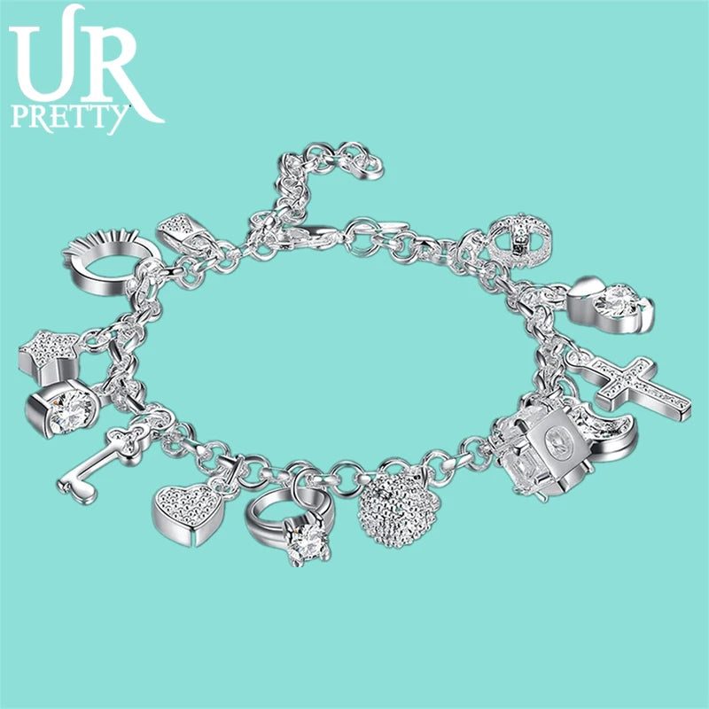925 Sterling Silver Women's Wristband Charms Bracelet