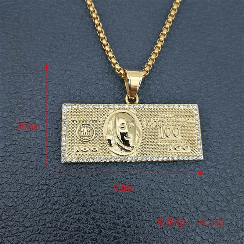 US $100 Dollar Money Pendant Necklace Chain Stainless Steel/Gold Hip Hop Bling