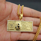 US $100 Dollar Money Pendant Necklace Chain Stainless Steel/Gold Hip Hop Bling