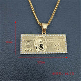 US $100 Dollar Money Pendant Necklace Chain Stainless Steel/Gold Hip Hop Bling