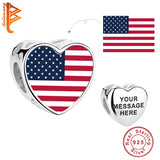 USA Flag Photo Bead 925 Sterling Silver Charm Engrave Name Gift