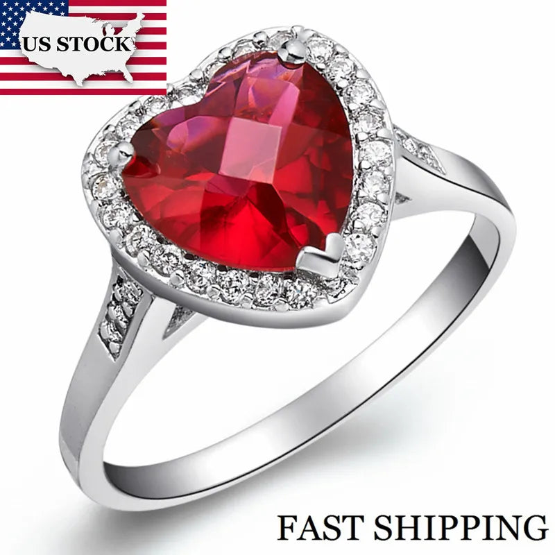 Heart Shaped Red Stone Silver Wedding Ring
