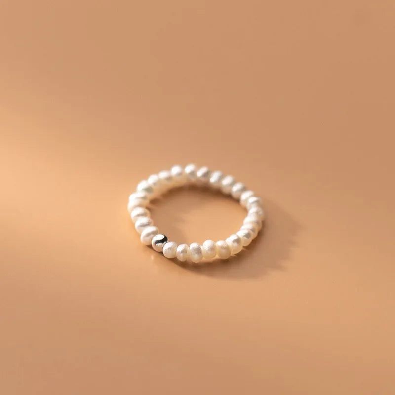925 Sterling Silver Elastic Rope Women Ring Round Pearl Women's Fine Jewelry