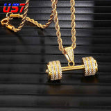 Barbell Pendant Necklace Men Brass Ice Out CZ Hip Hop Rapper Gym Jewelry