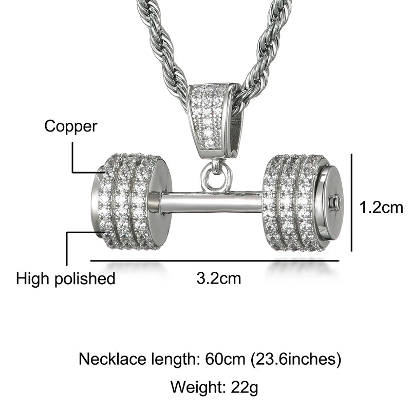 Barbell Pendant Necklace Men Brass Ice Out CZ Hip Hop Rapper Gym Jewelry